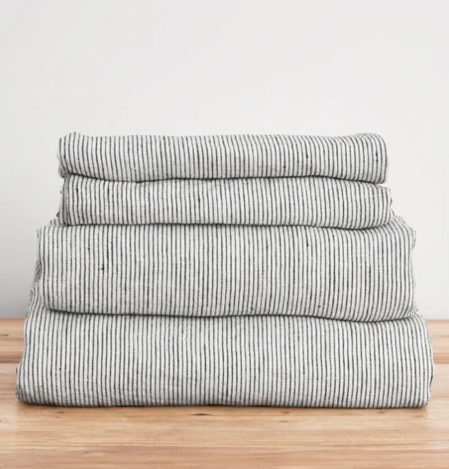 French Flax Linen Sheet Set in Pinstripe